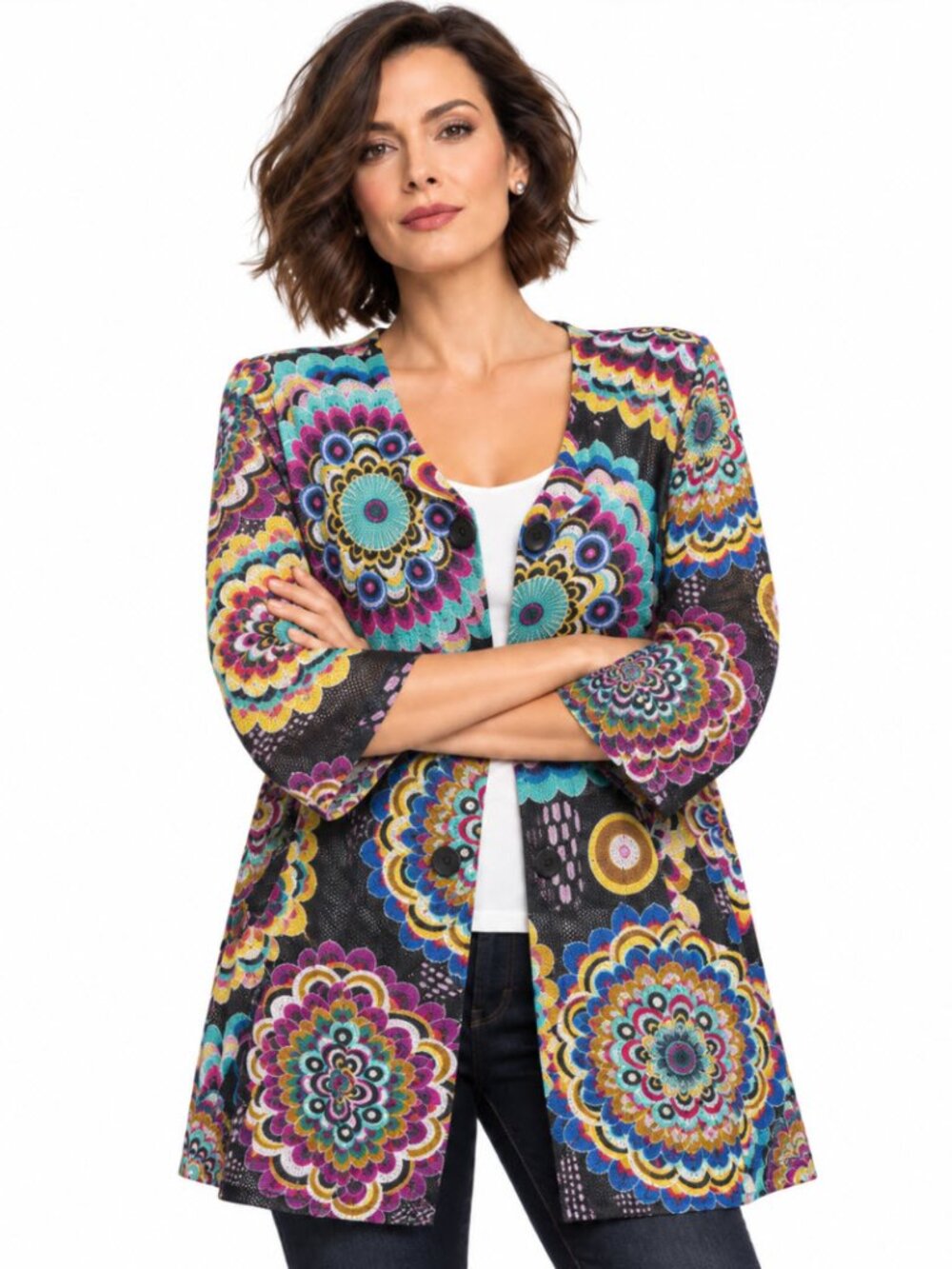 Joseph Ribkoff Multi-Colour Mandala Print Mesh Jacket Cardigan Large Artsy Boho